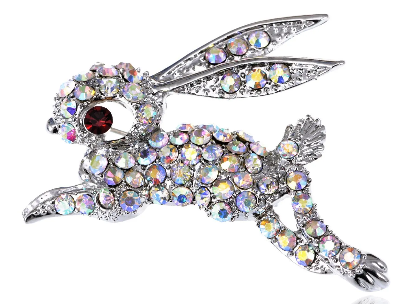 Alilang Silvery Tone Iridescent Rhinestones Rabbit Bunny Hop Brooch Pin