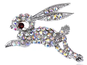 Alilang Silvery Tone Iridescent Rhinestones Rabbit Bunny Hop Brooch Pin