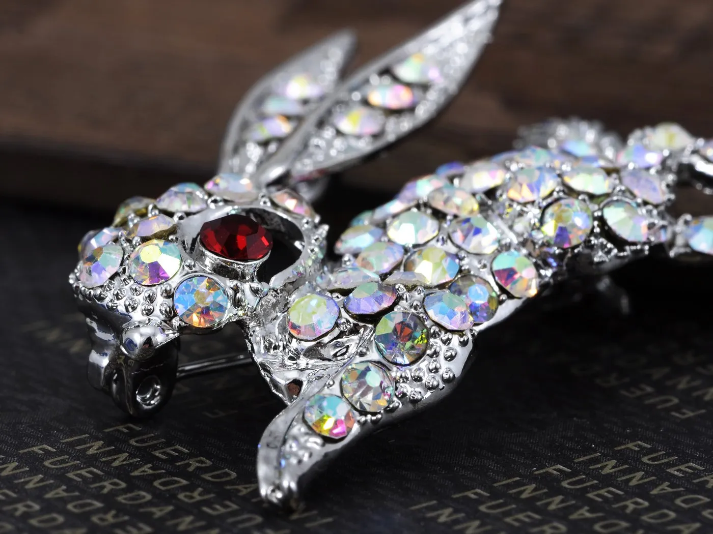 Alilang Silvery Tone Iridescent Rhinestones Rabbit Bunny Hop Brooch Pin