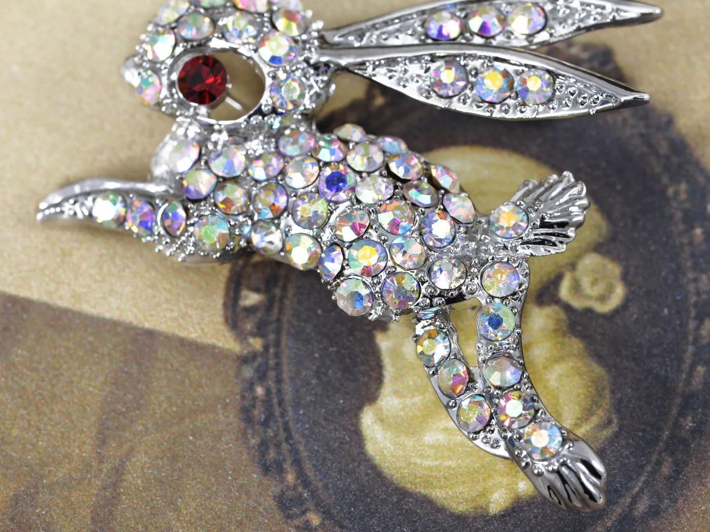 Alilang Silvery Tone Iridescent Rhinestones Rabbit Bunny Hop Brooch Pin