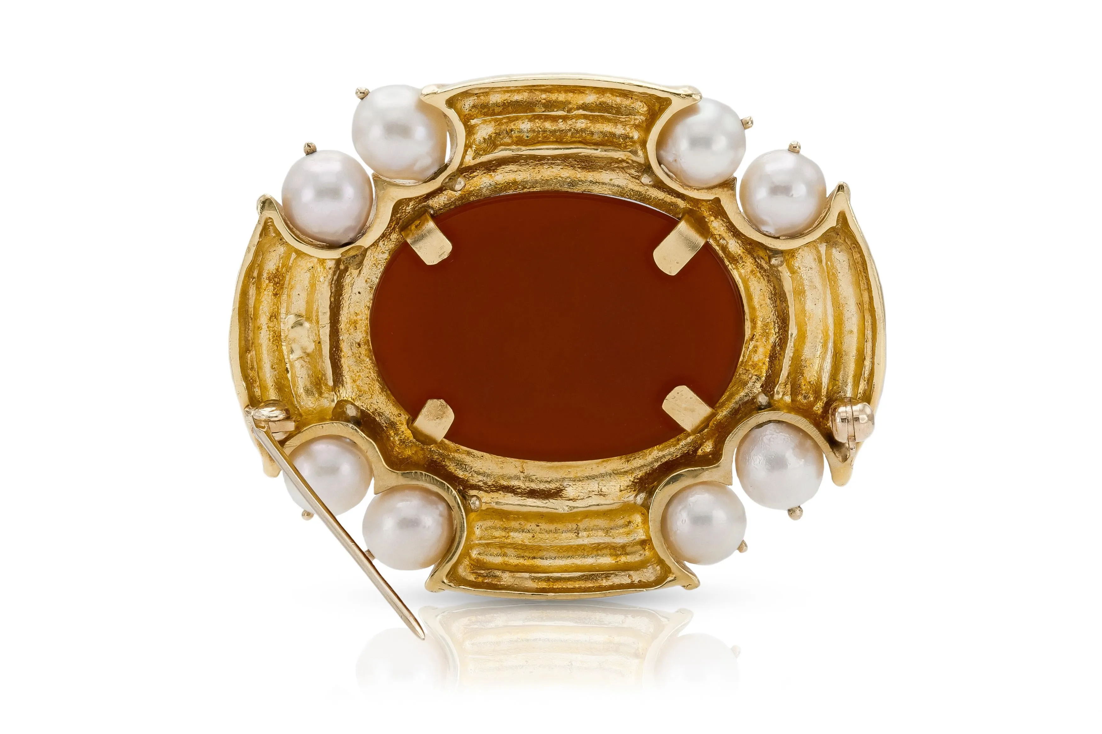 Carnelian Intaglio Yellow Gold Brooch with Pearls