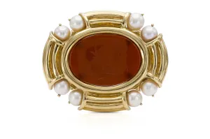 Carnelian Intaglio Yellow Gold Brooch with Pearls