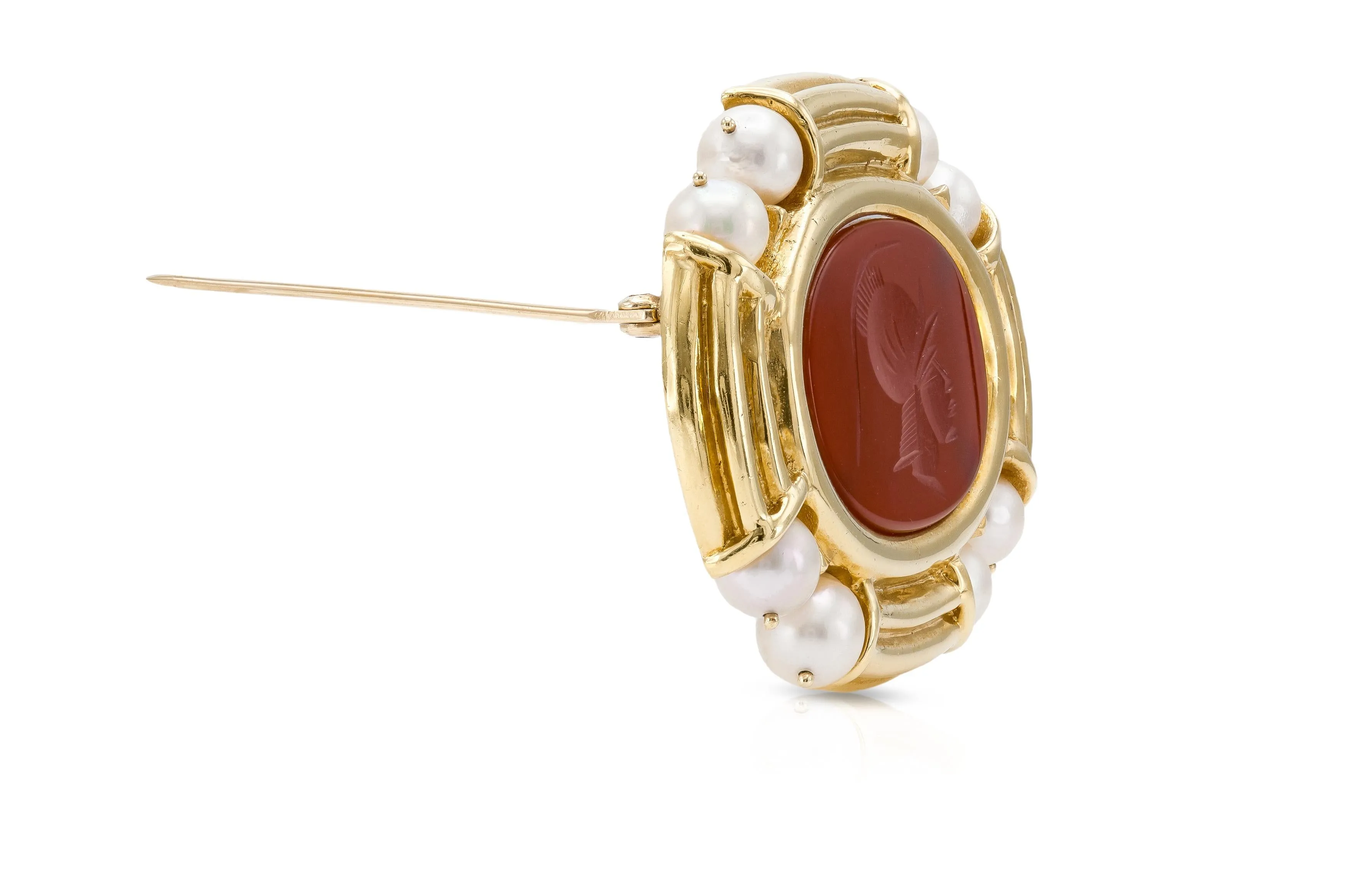 Carnelian Intaglio Yellow Gold Brooch with Pearls