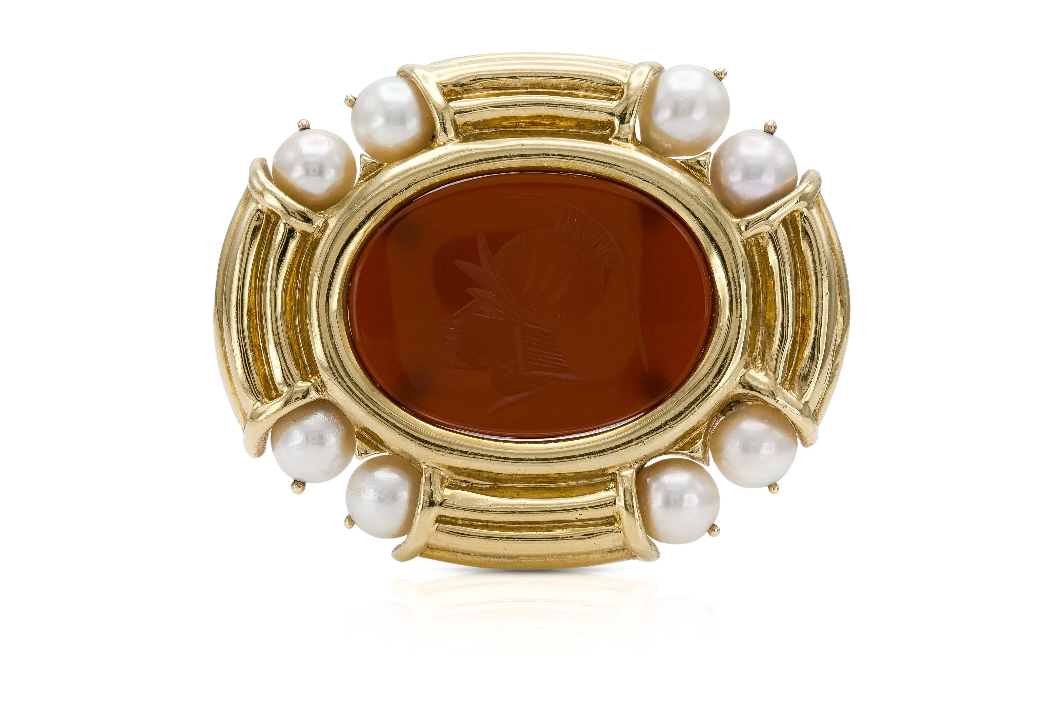 Carnelian Intaglio Yellow Gold Brooch with Pearls