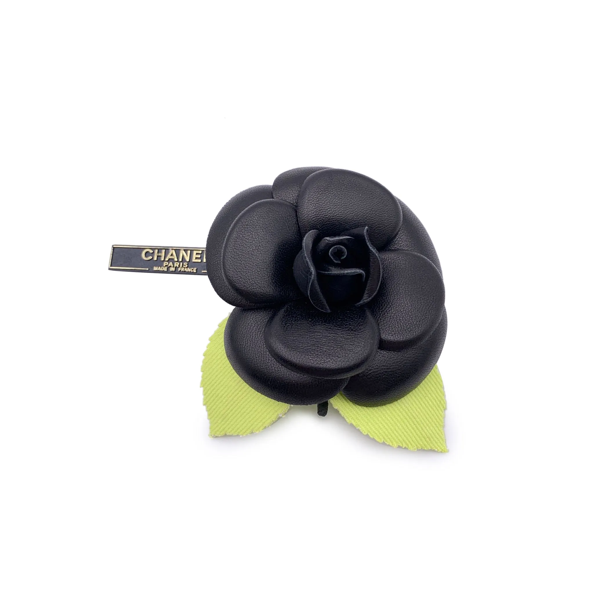 Chanel Vintage Black Leather Camelia Camellia Flower Pin Brooch