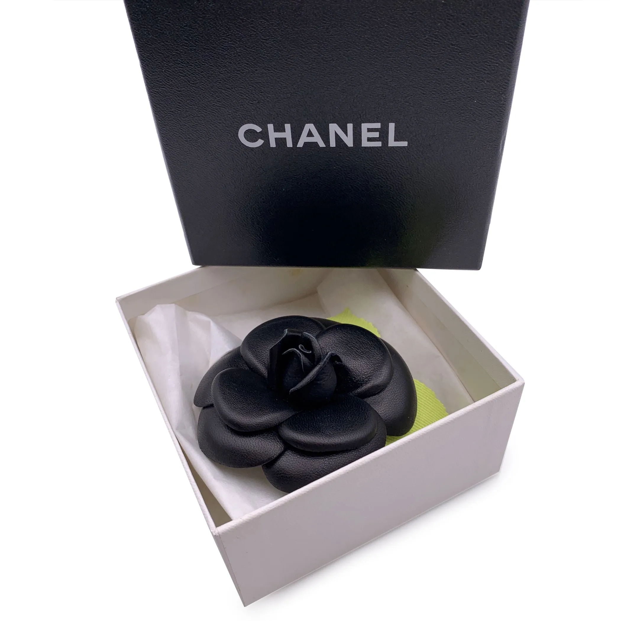 Chanel Vintage Black Leather Camelia Camellia Flower Pin Brooch