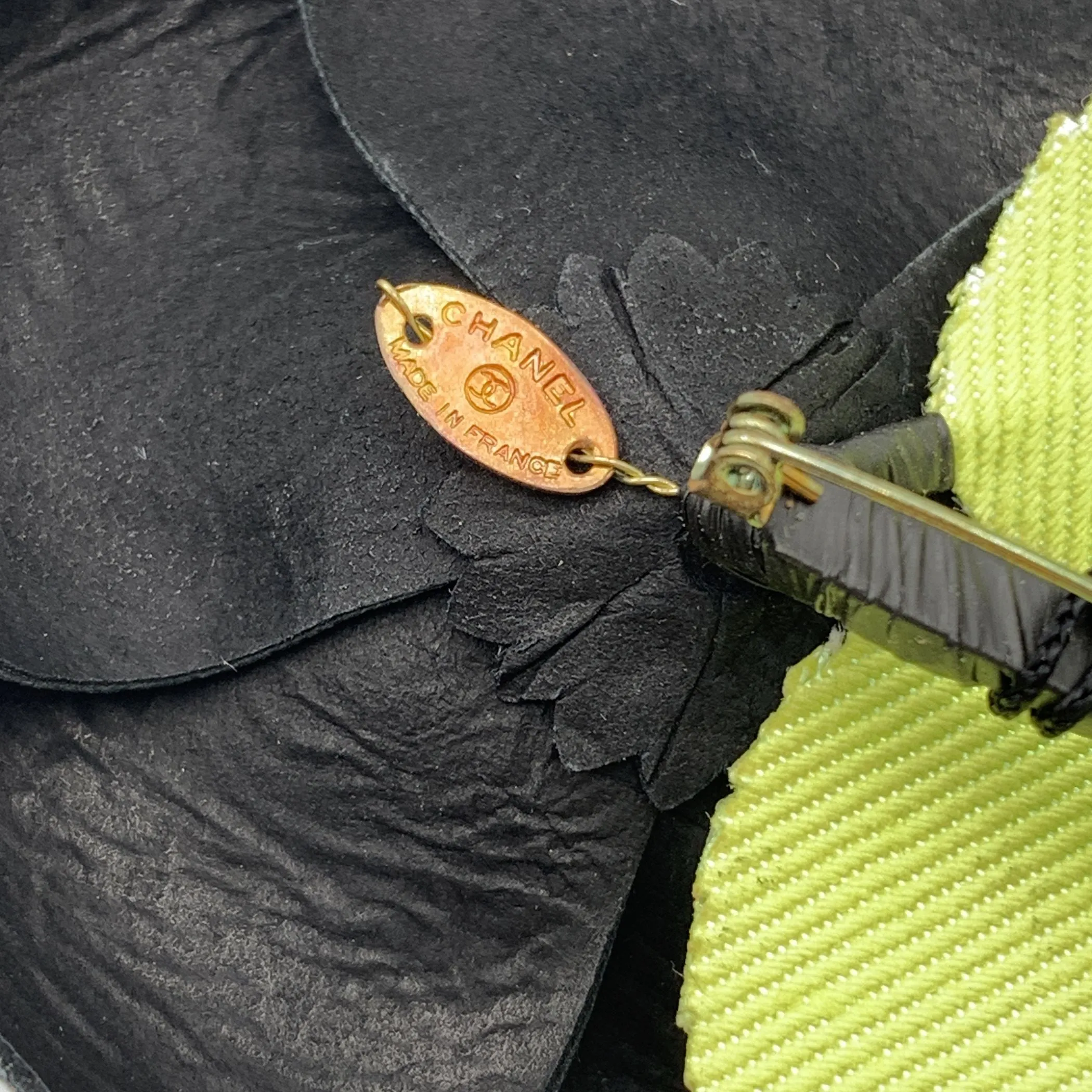 Chanel Vintage Black Leather Camelia Camellia Flower Pin Brooch