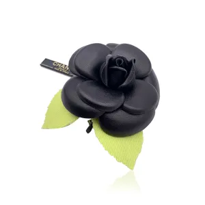 Chanel Vintage Black Leather Camelia Camellia Flower Pin Brooch