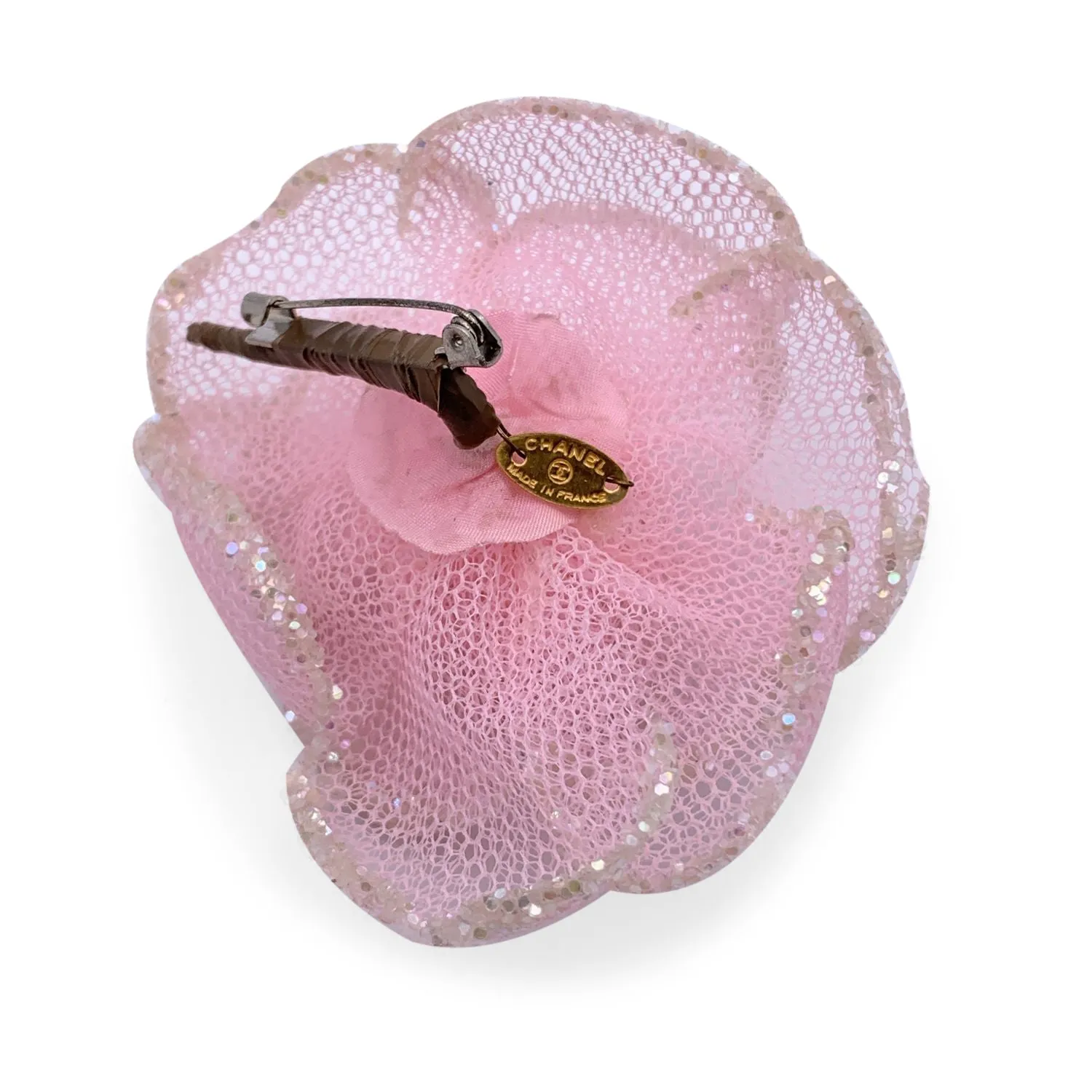 Chanel Vintage Pink Fabric Glitter Camellia Camelia Flower Brooch
