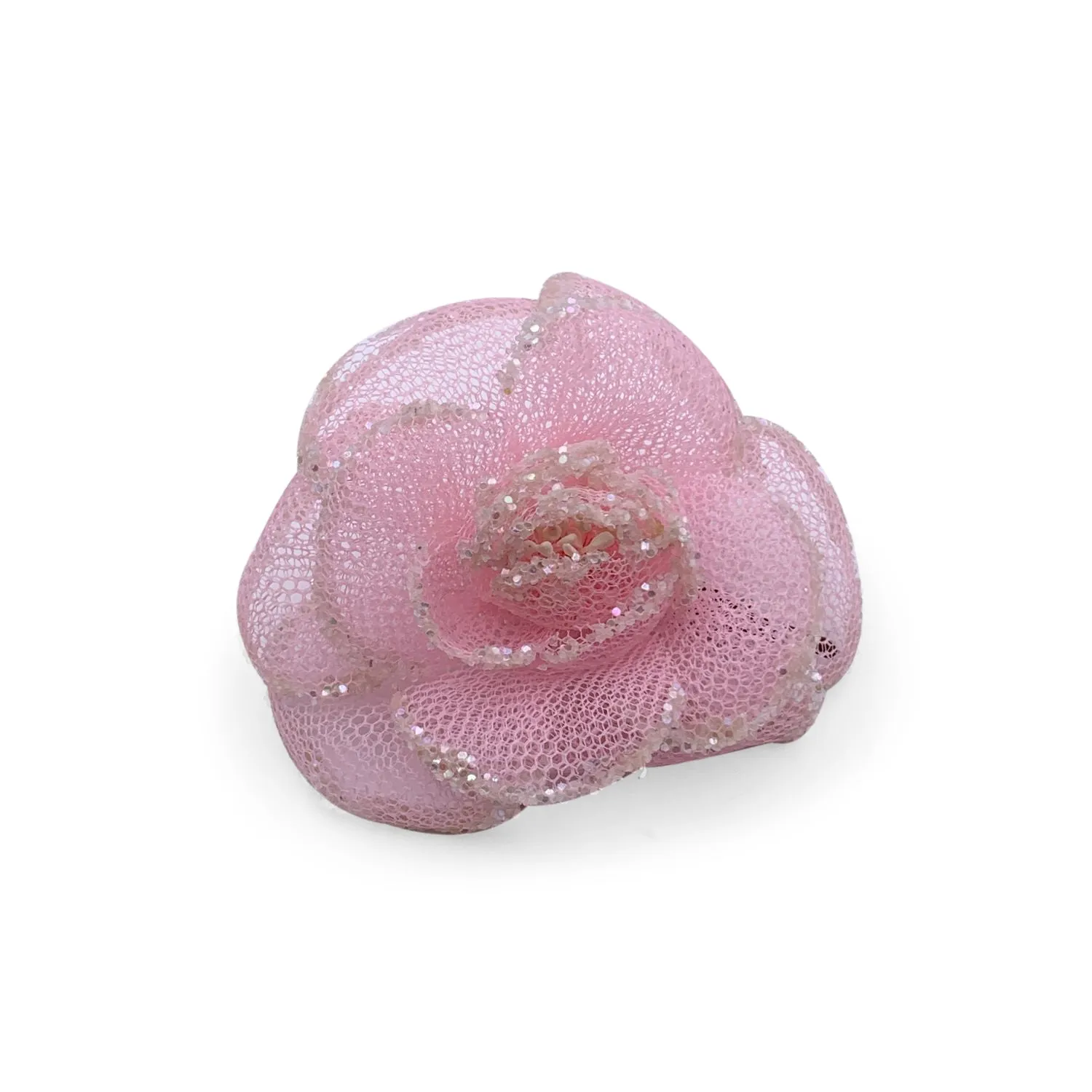Chanel Vintage Pink Fabric Glitter Camellia Camelia Flower Brooch