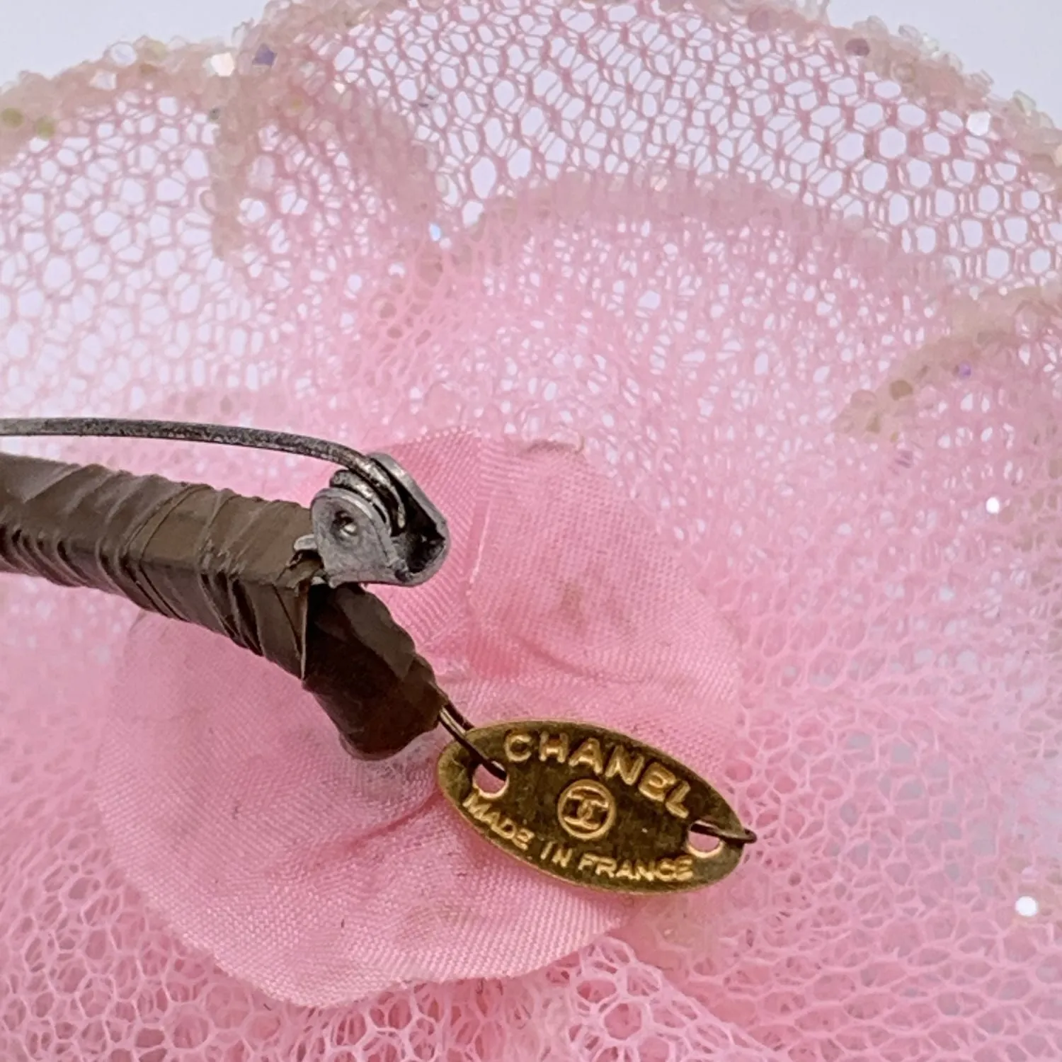 Chanel Vintage Pink Fabric Glitter Camellia Camelia Flower Brooch