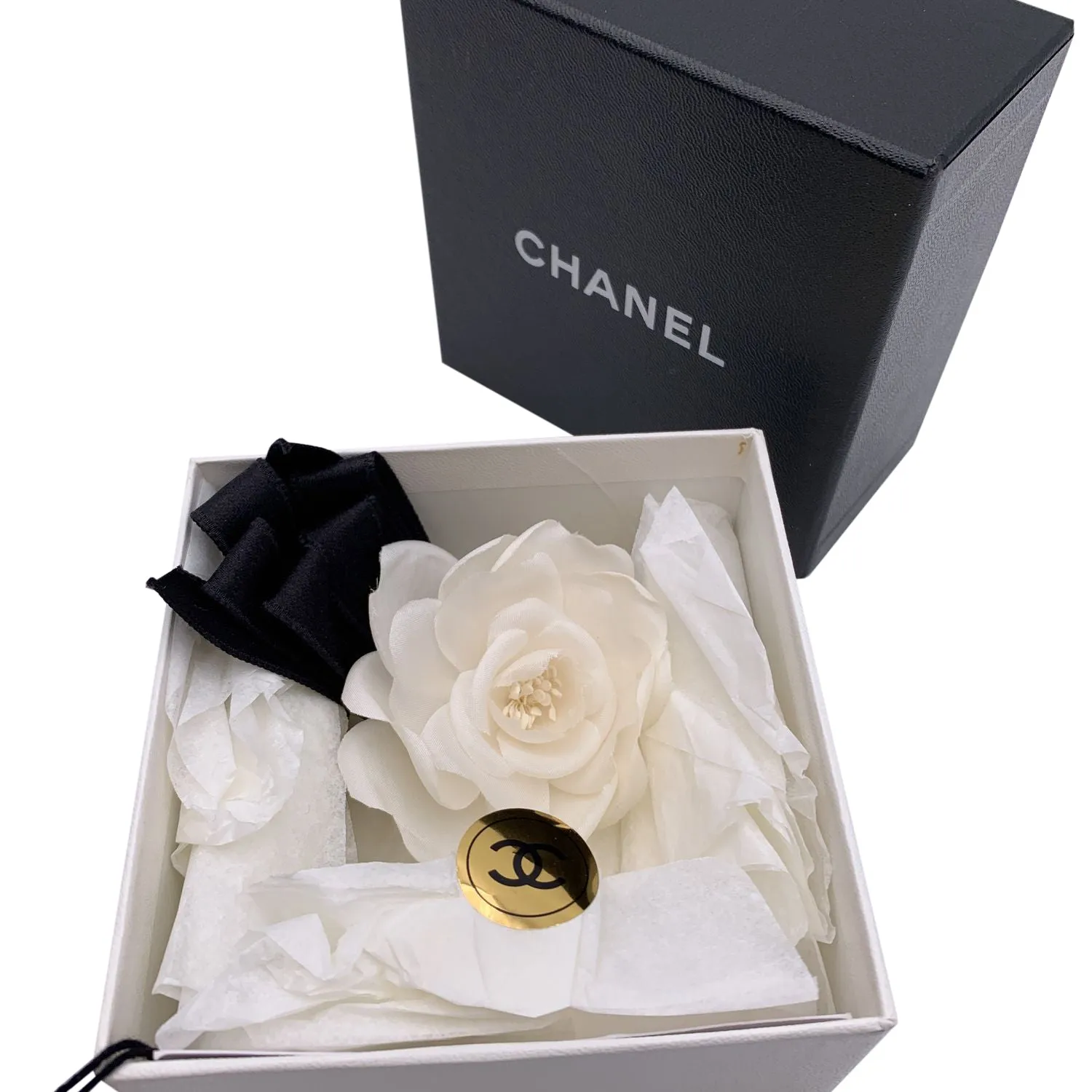 Chanel Vintage White Silk Black Ribbons Camellia Camelia Bow Brooch