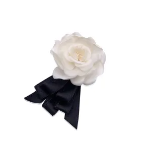 Chanel Vintage White Silk Black Ribbons Camellia Camelia Bow Brooch