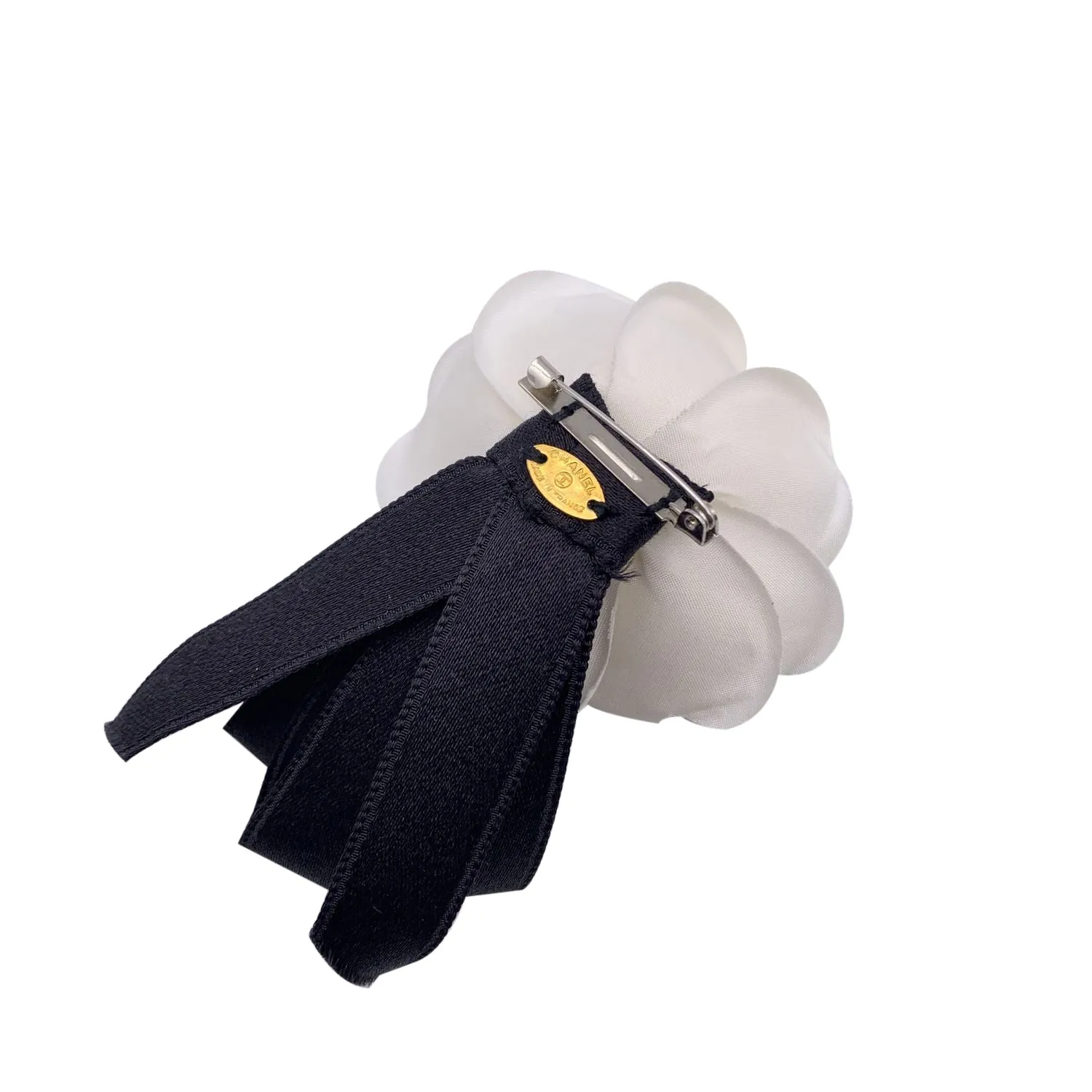 Chanel Vintage White Silk Black Ribbons Camellia Camelia Bow Brooch