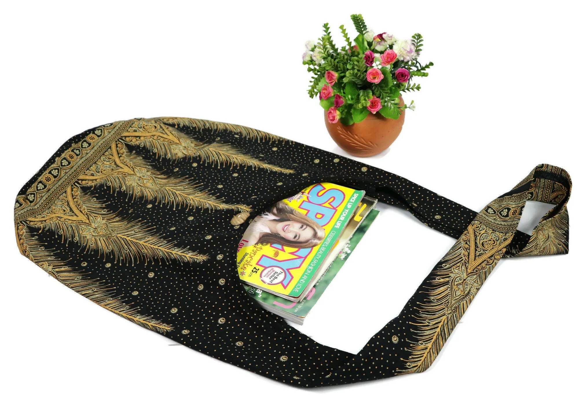 Crossbody bag / Peacock / Sling Bags / Cotton Bags/ Hippie Bag / Market Bags / Boho Bag / Shoulder Messenger Bag/ Black