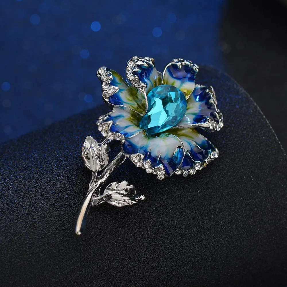 Elegant Colorful enamel flower brooch For woman gift Crystal rose flower woman
