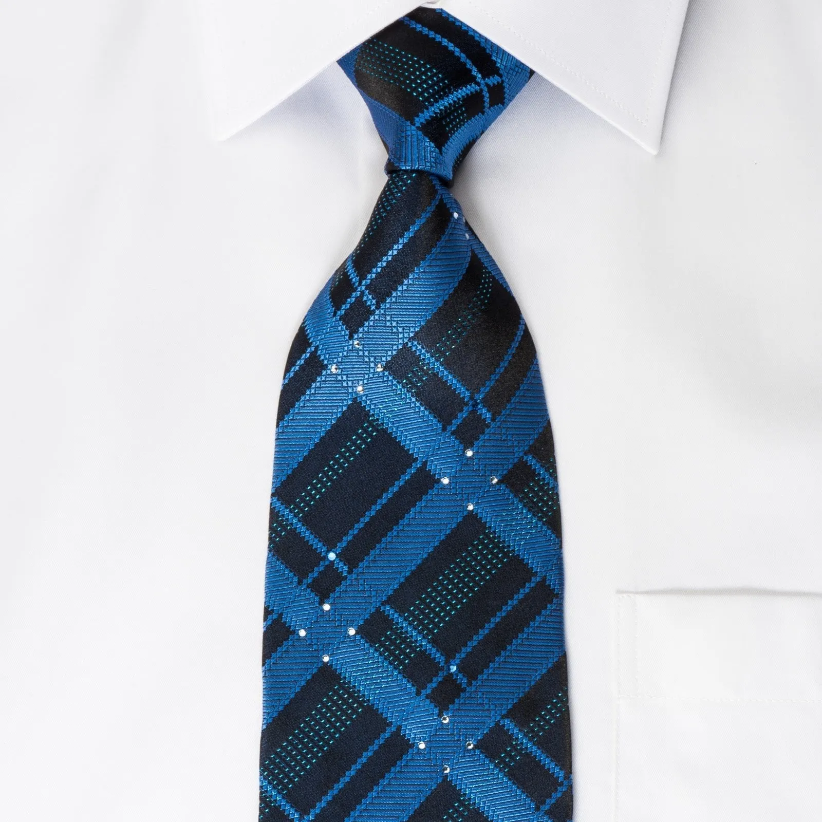 Elle Homme Rhinestone Silk Necktie Checkered On Blue With Blue Silver Sparkles