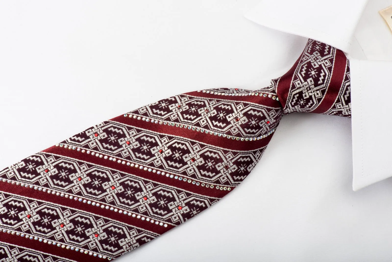 Emprise Silk Necktie Striped Rhinestones On Burgundy