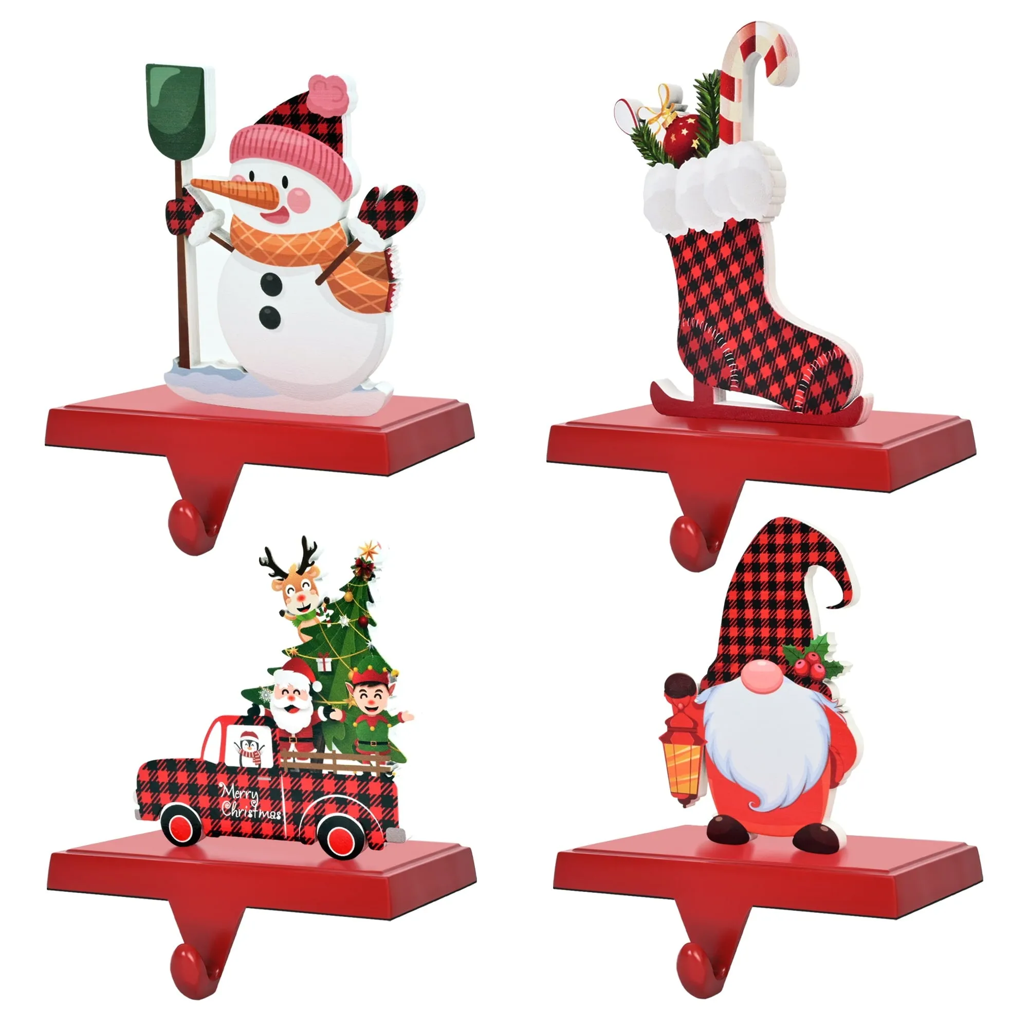 essential Guardwee Heavy Duty Christmas Stocking Holder Set of 4 Free Standing for Mantle, Xmas Metal Hooks Christmas Decor with Black and Red Buffalo Plaid and Snowmen, Trees, Trucks, Stockings Elements - Red