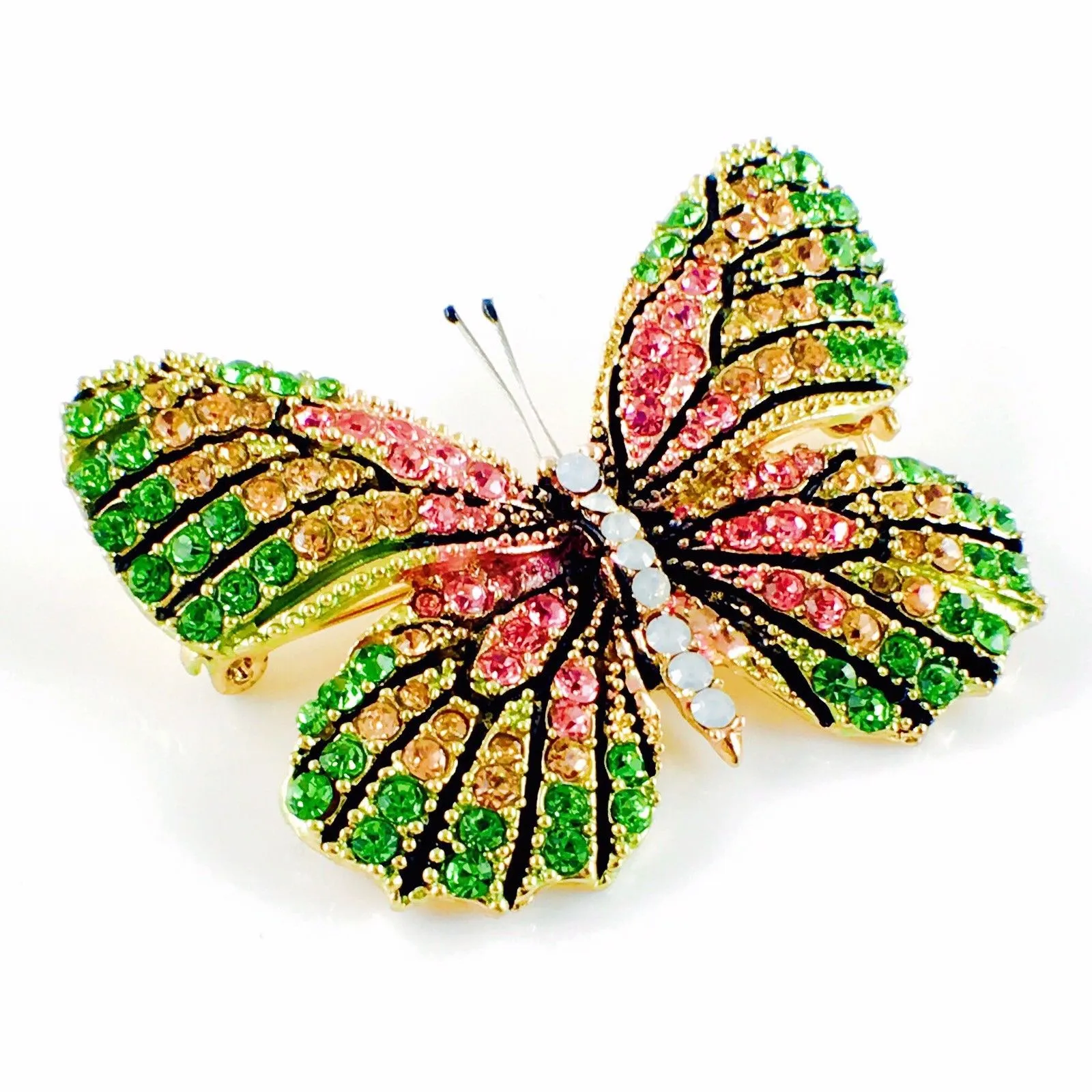 Fairy Butterfly Brooch Swarovski Crystal gold base multi colors Green Pink Amber