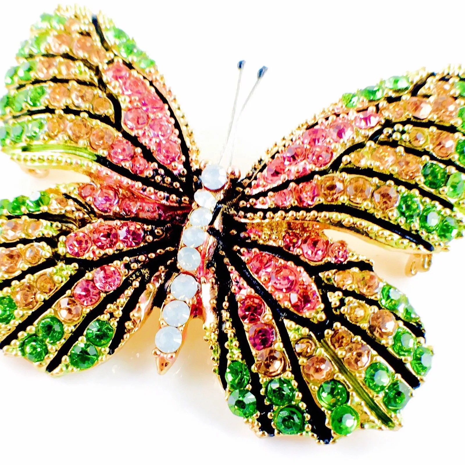 Fairy Butterfly Brooch Swarovski Crystal gold base multi colors Green Pink Amber
