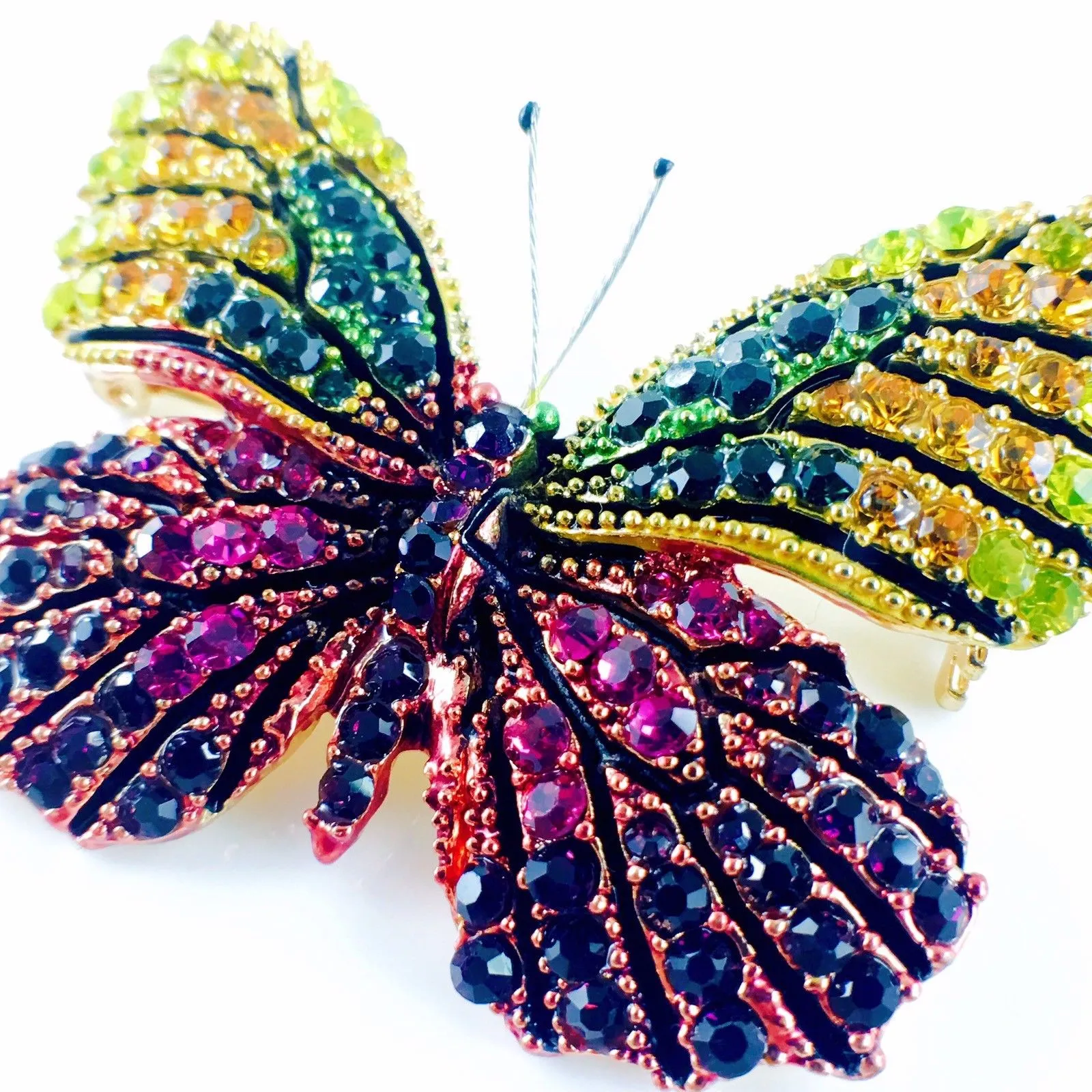 Fairy Butterfly Brooch Swarovski Crystal gold base multi colors Yellow Orange Green Fuchsia Purple