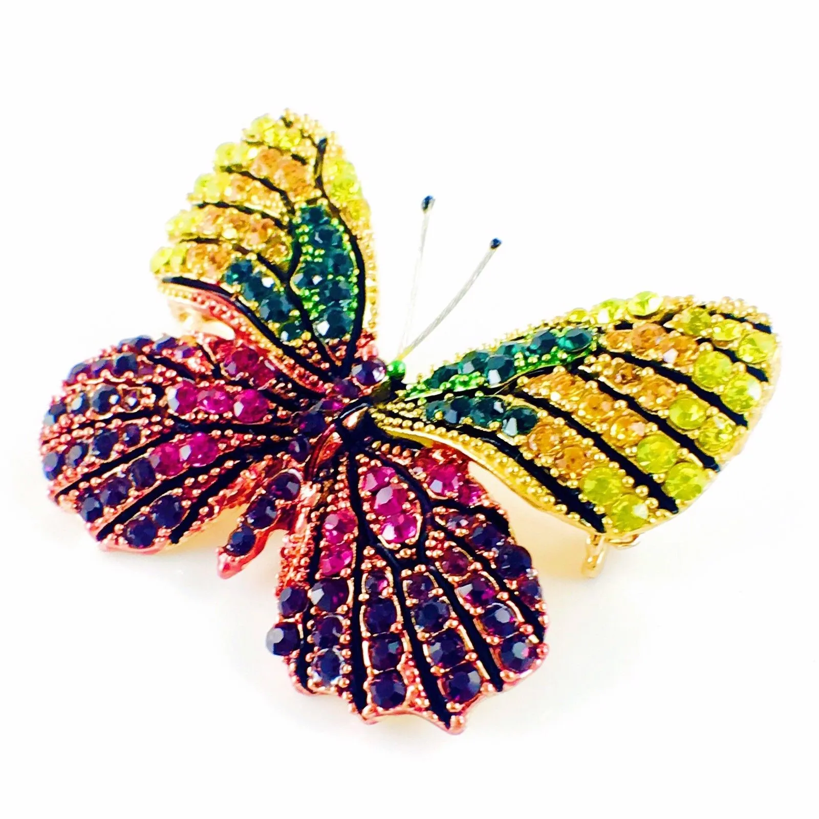 Fairy Butterfly Brooch Swarovski Crystal gold base multi colors Yellow Orange Green Fuchsia Purple