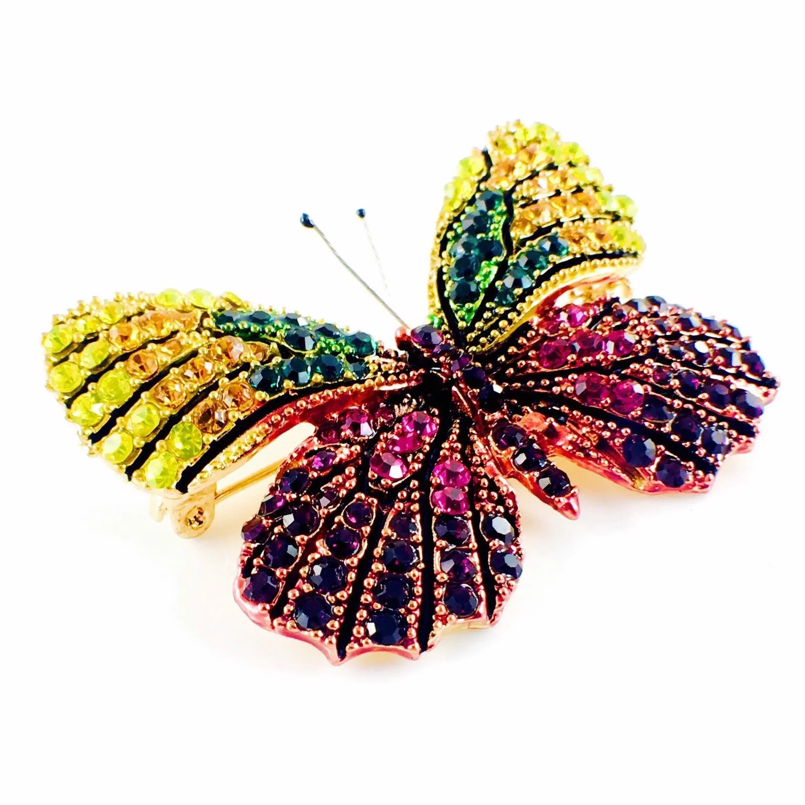 Fairy Butterfly Brooch Swarovski Crystal gold base multi colors Yellow Orange Green Fuchsia Purple