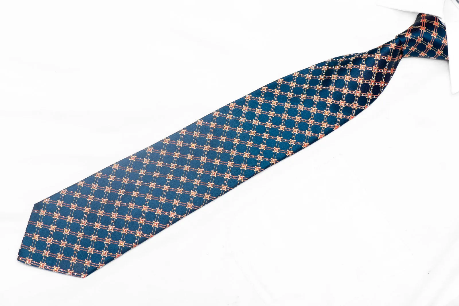 Gold Floral Trellis On Blue Rhinestone Silk Tie With Sparkles