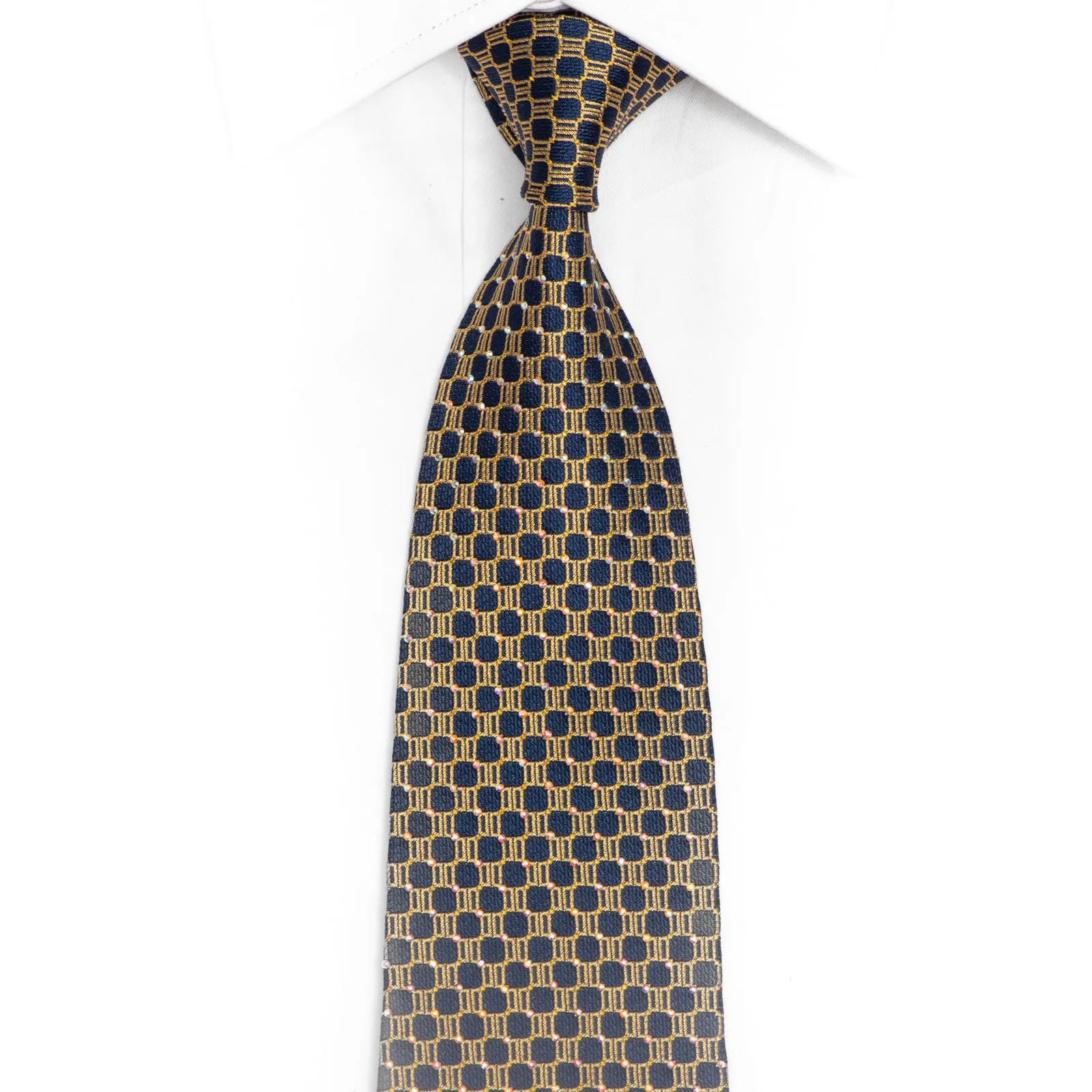 Gold Geometric Design On Navy Blue Rhinestone Silk Necktie With Gold Sparkles