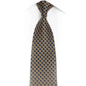 Gold Geometric Design On Navy Blue Rhinestone Silk Necktie With Gold Sparkles