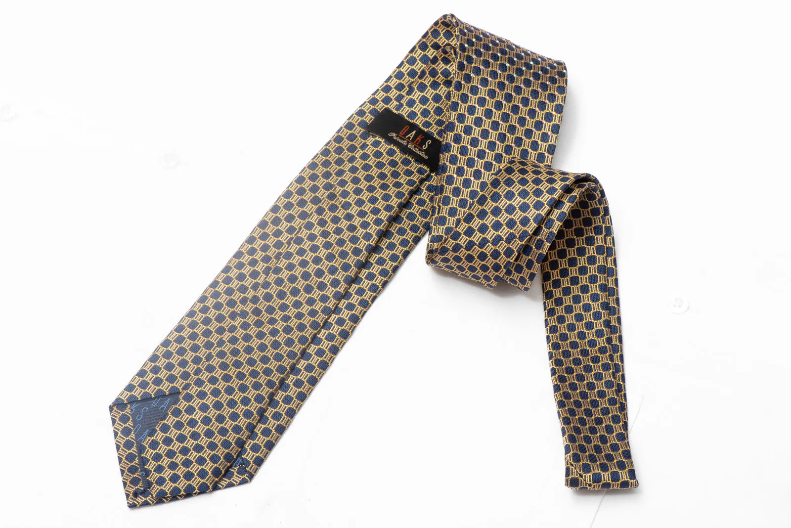 Gold Geometric Design On Navy Blue Rhinestone Silk Necktie With Gold Sparkles