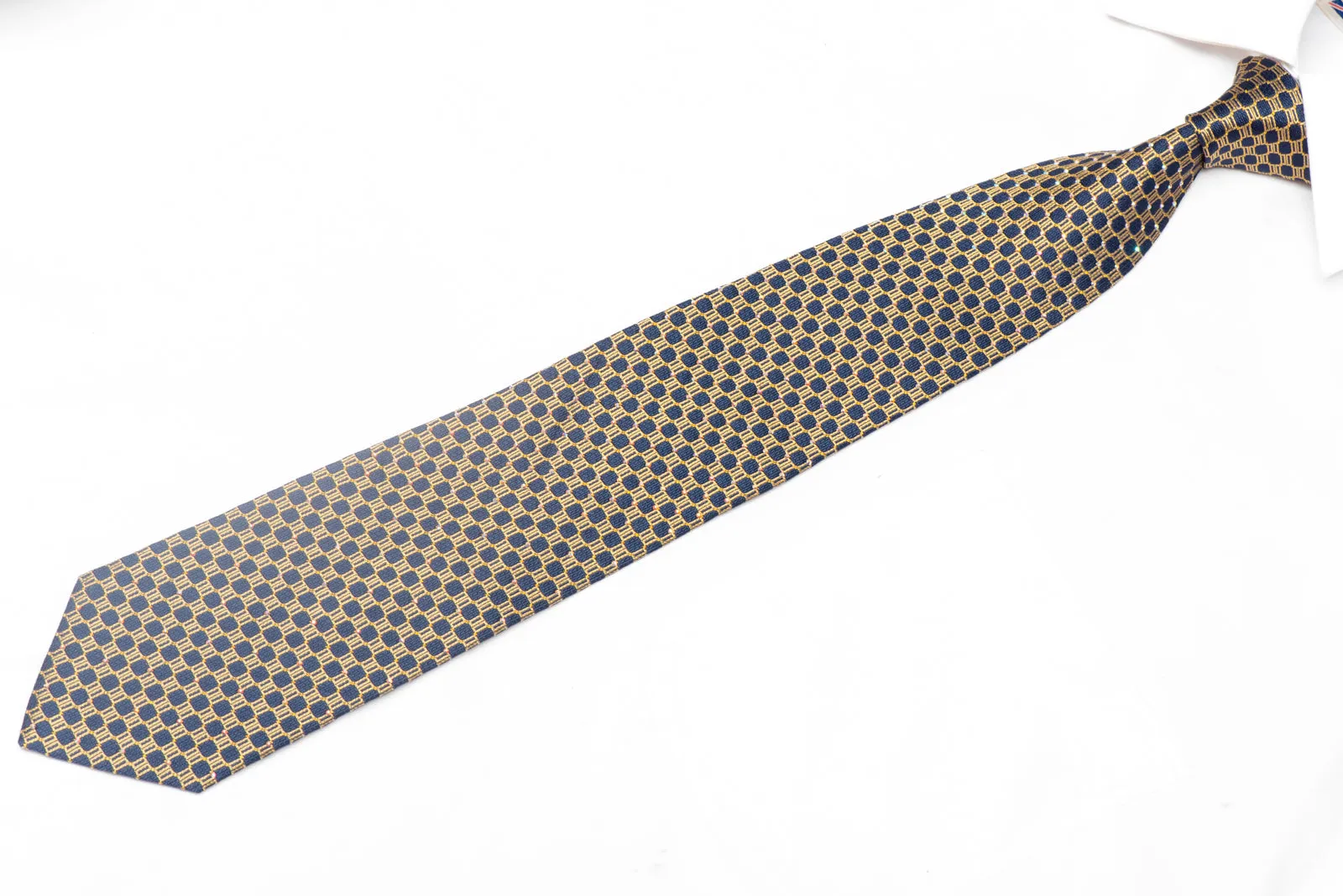Gold Geometric Design On Navy Blue Rhinestone Silk Necktie With Gold Sparkles