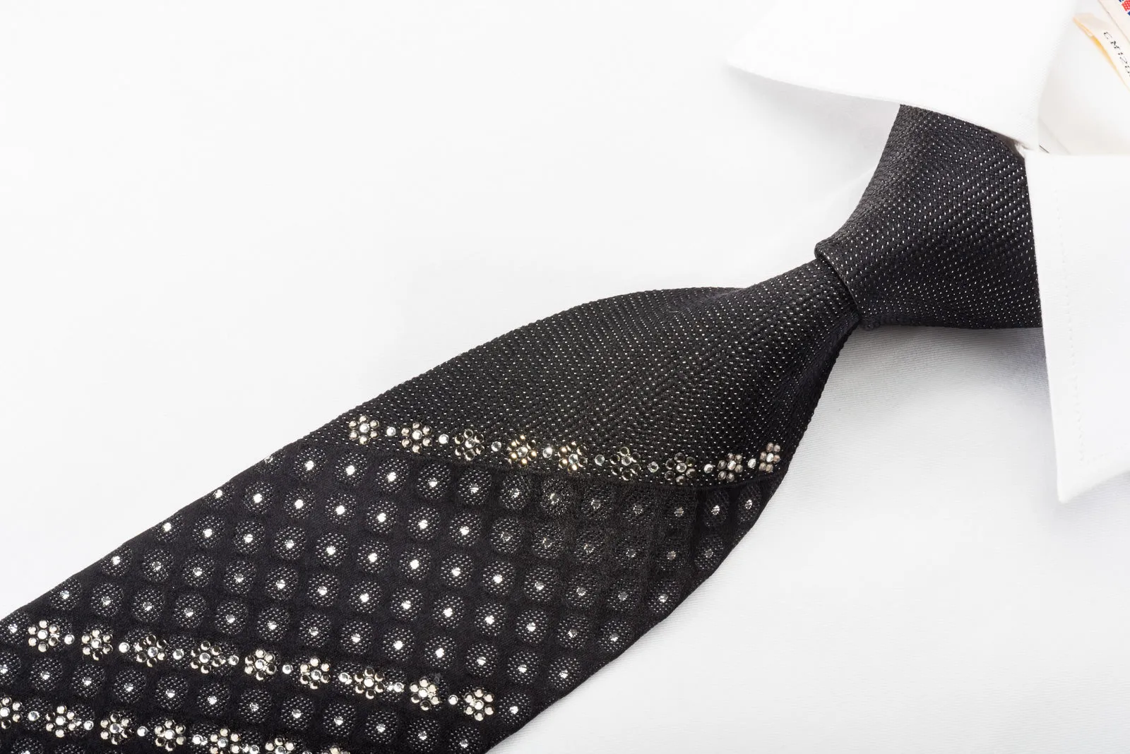 Grang Cia Silk Necktie Silver Dots On Black  Sparkling With Rhinestones