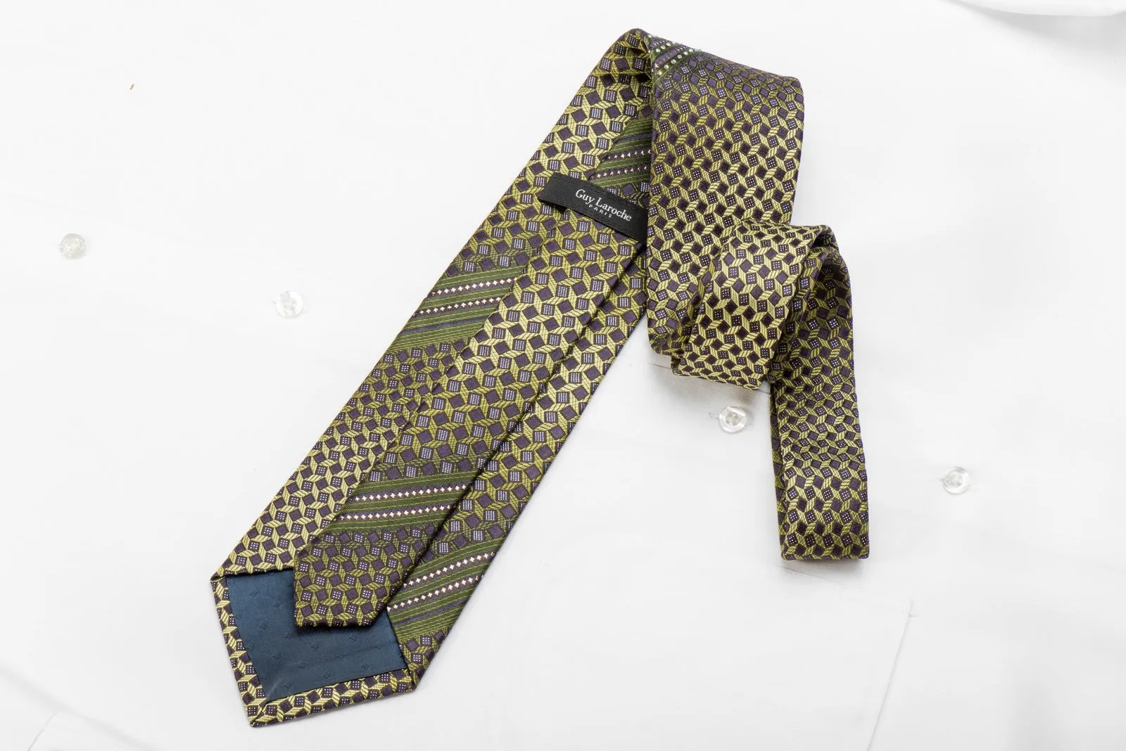 Guy Laroche Men's Crystal Silk Green Brown Geometric With Silver Sparkles
