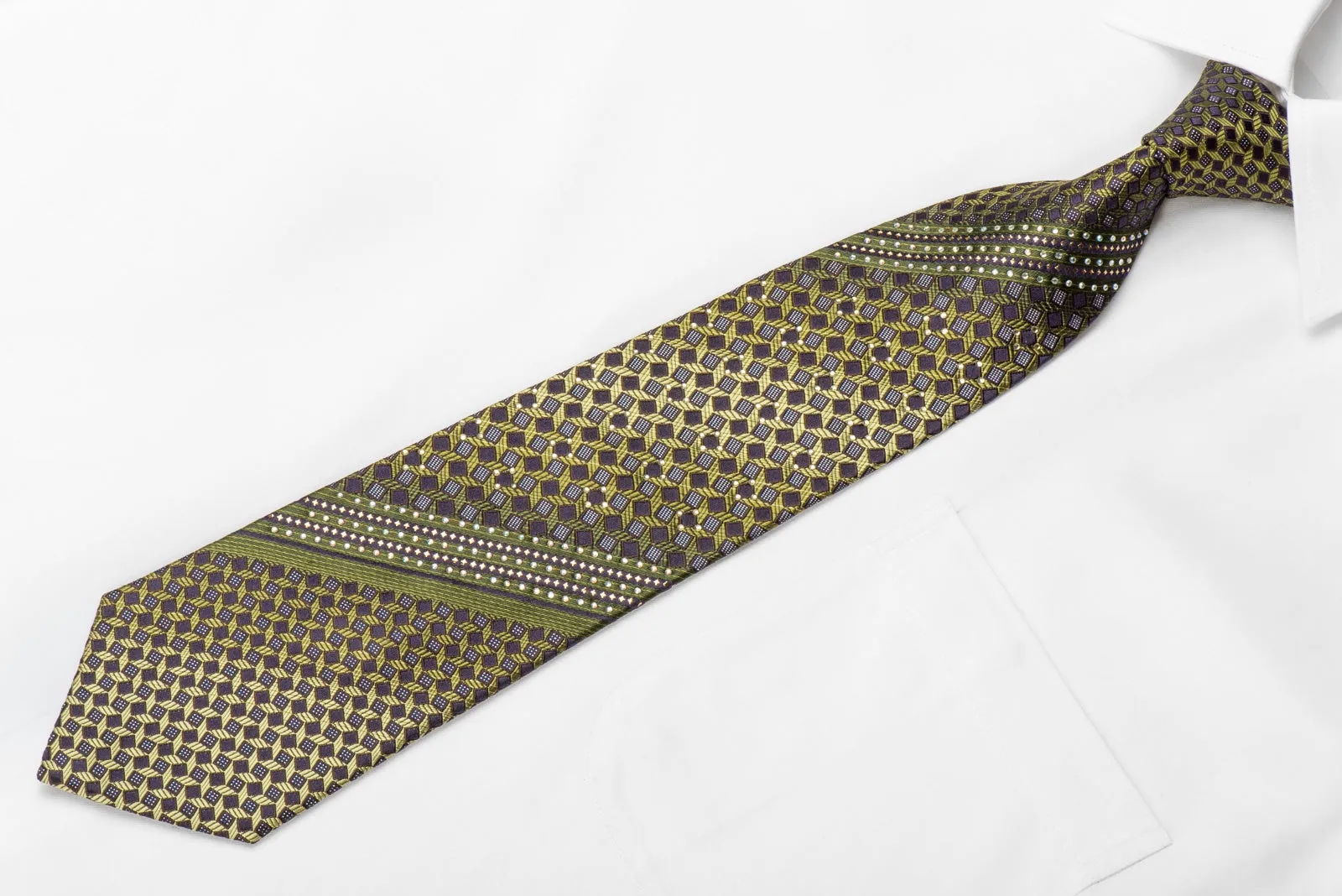 Guy Laroche Men's Crystal Silk Green Brown Geometric With Silver Sparkles