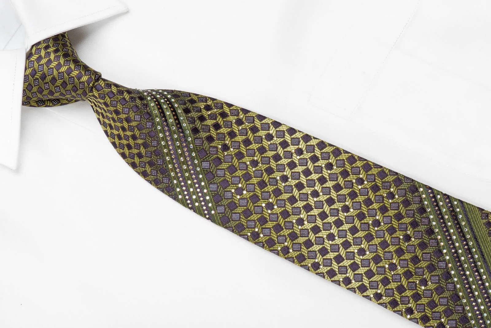 Guy Laroche Men's Crystal Silk Green Brown Geometric With Silver Sparkles