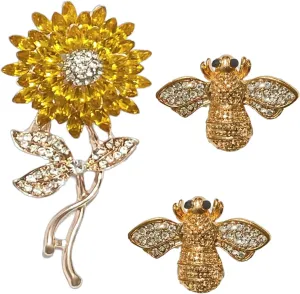 Honey Bee Brooch Gold Sunflower Brooch for Women, 2PCS Elegant Bumble Bee Pin Brooches, 1PCS Sunflower Pin for Ladies