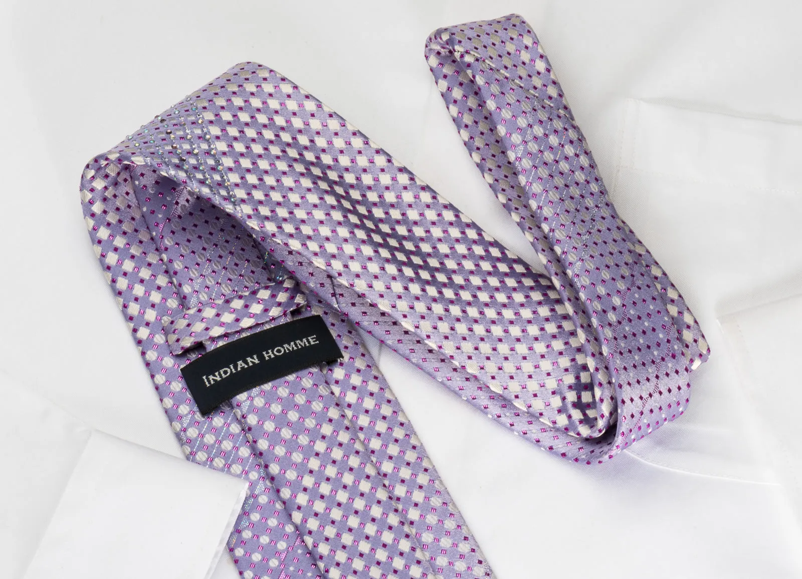Indian Homme Bling Tie Mauve Silver Checkered With Sparkling Rhinestones
