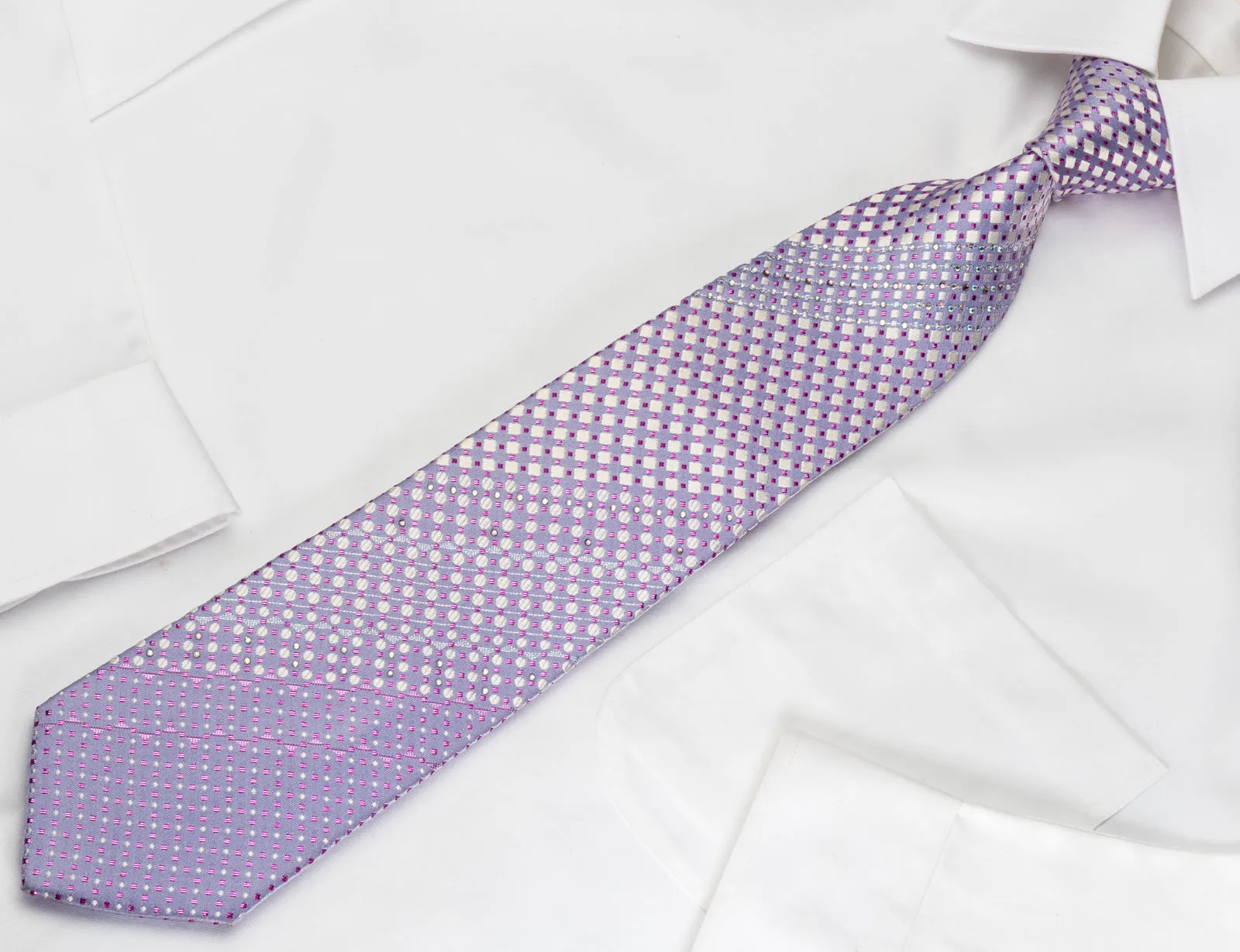 Indian Homme Bling Tie Mauve Silver Checkered With Sparkling Rhinestones