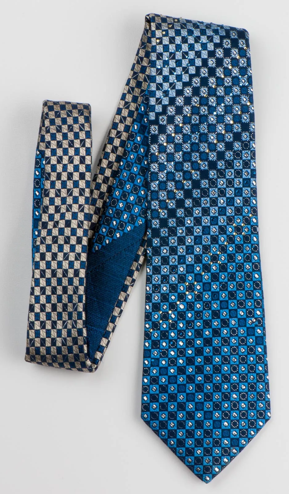 Indian Homme Mens Silk Rhinestone Necktie Blue Checks With Metallic Silver Squares & Sparkles