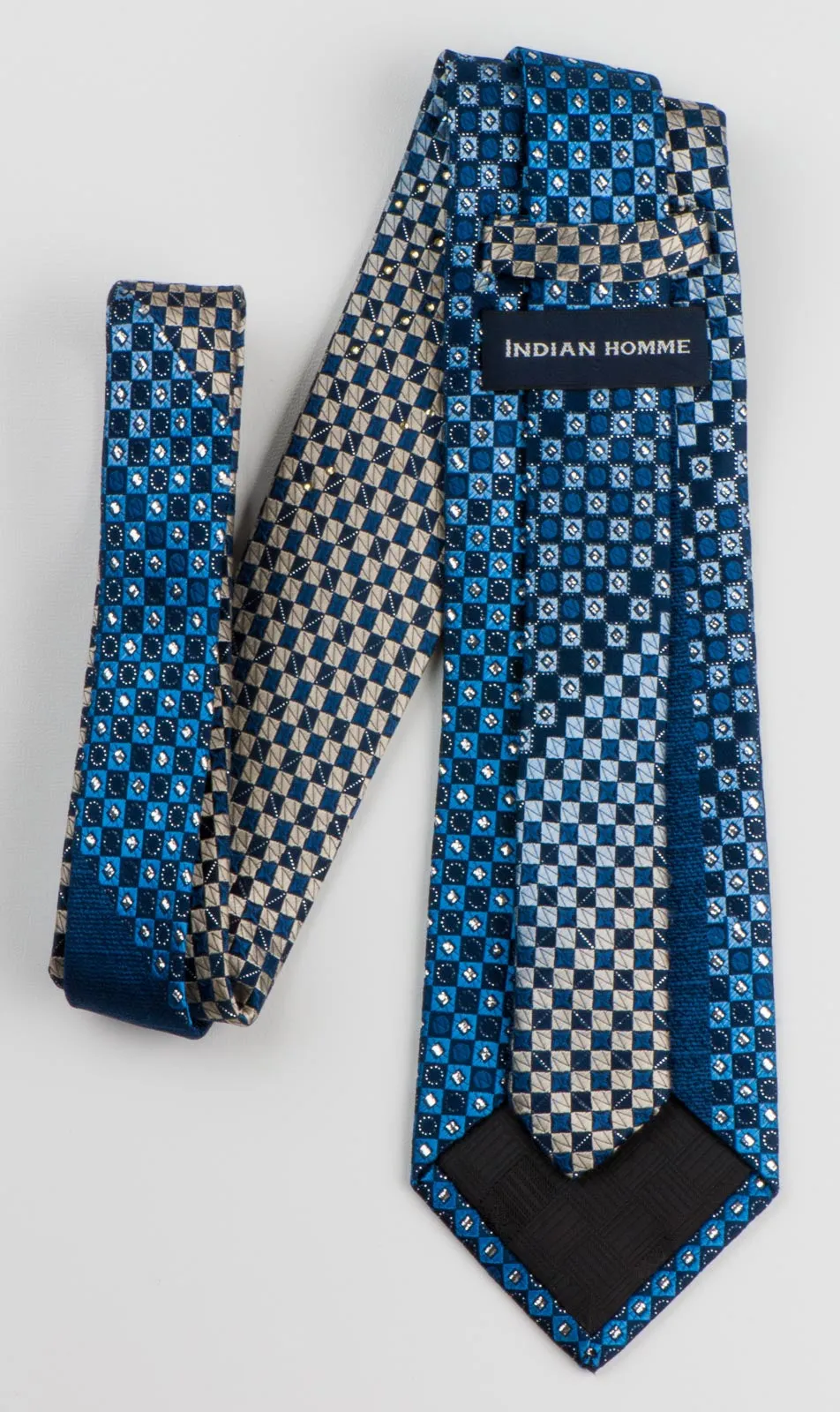 Indian Homme Mens Silk Rhinestone Necktie Blue Checks With Metallic Silver Squares & Sparkles