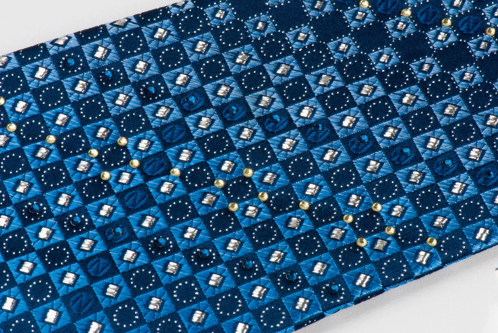 Indian Homme Mens Silk Rhinestone Necktie Blue Checks With Metallic Silver Squares & Sparkles
