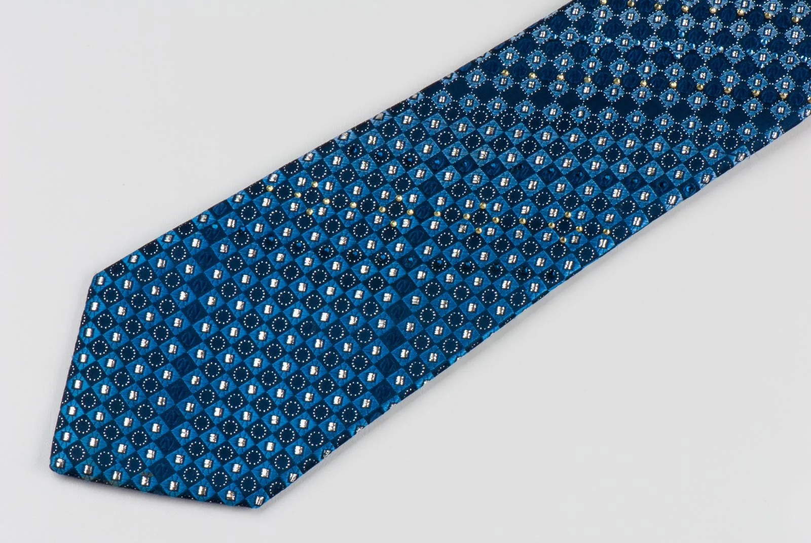 Indian Homme Mens Silk Rhinestone Necktie Blue Checks With Metallic Silver Squares & Sparkles