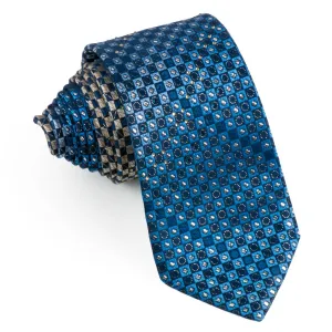 Indian Homme Mens Silk Rhinestone Necktie Blue Checks With Metallic Silver Squares & Sparkles