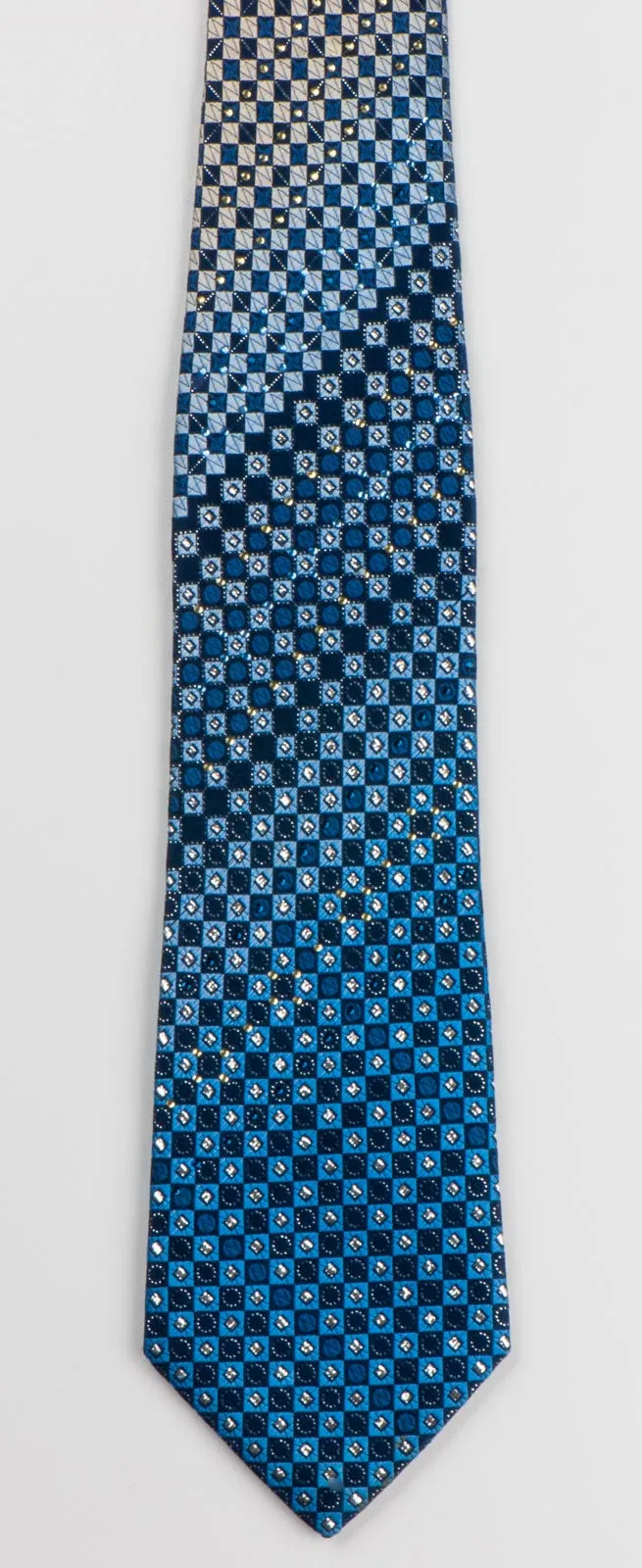 Indian Homme Mens Silk Rhinestone Necktie Blue Checks With Metallic Silver Squares & Sparkles