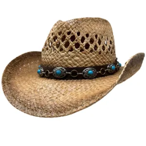 Kachina Tea Straw Hat With Turquoise Concho Band