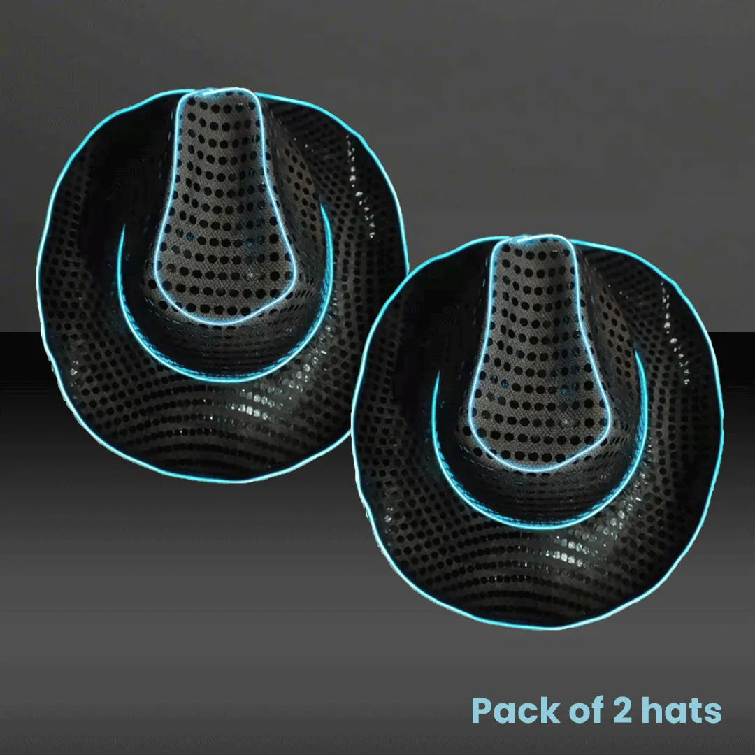 LED Flashing EL Wire Black Sequin Cowboy Party Hat - Pack of 2