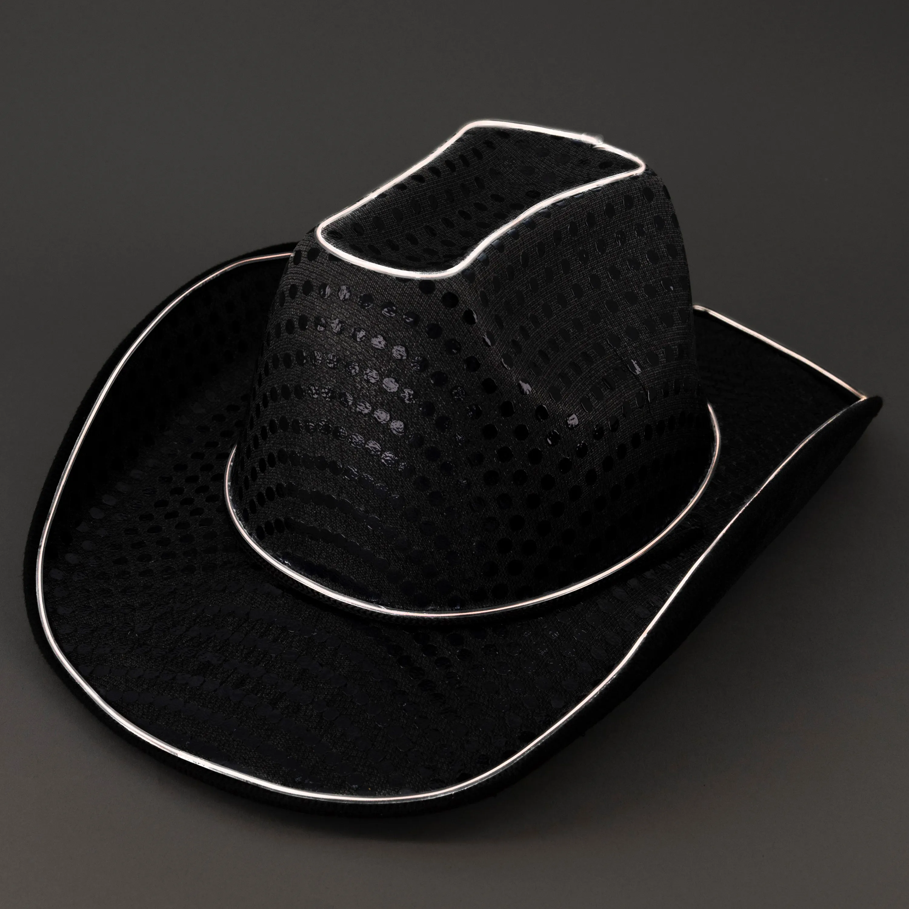 LED Flashing EL Wire Black Sequin Cowboy Party Hat - Pack of 2