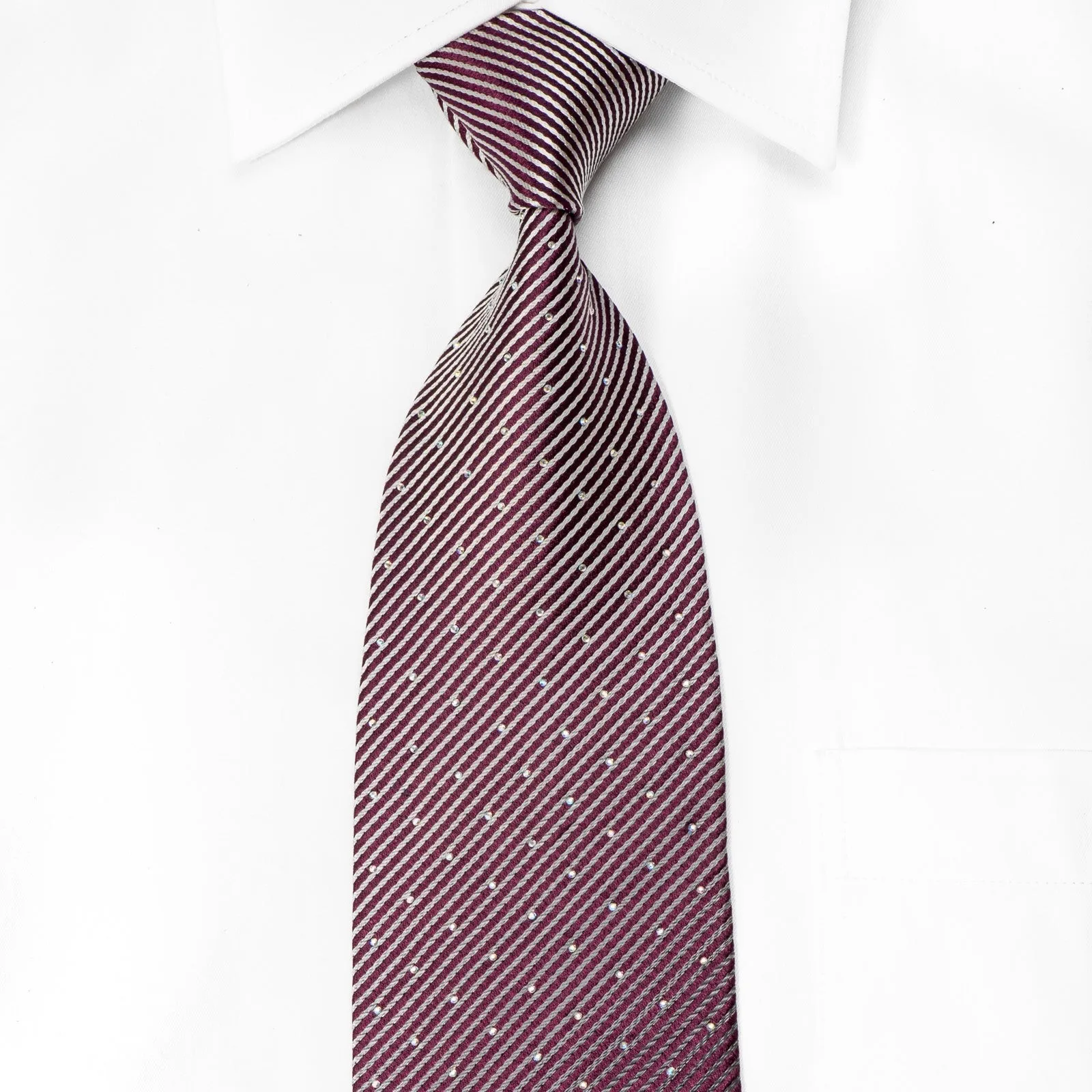 Louis Quatorze Men's Crystal Silk Necktie Silver Purple Striped Sparkling With Rhinestones